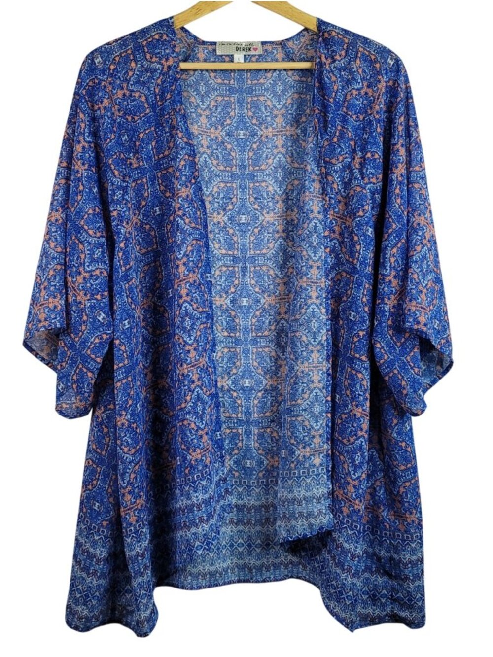 Derek Heart Women Kimono Top Blue Large Paisley Open Front Semi Sheer 1/2 Sleeve